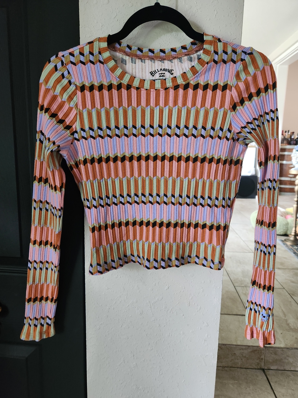 Billabong Pink Tan Green Multicolor Geometric Ribbed Long-Sleeve Stretchy Top